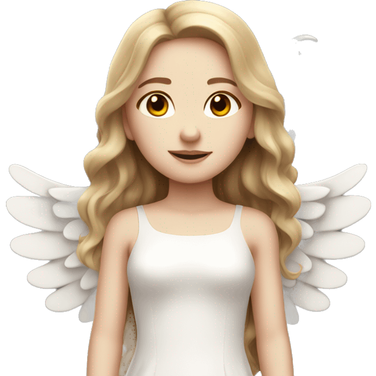 Pale skinned girl with long light brown hair in a white dress with angel wings emoji