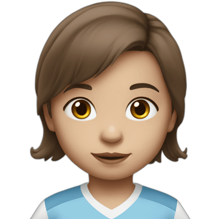 2 year old girl with long brown hair and eyes wearing Manchester City football shirt emoji