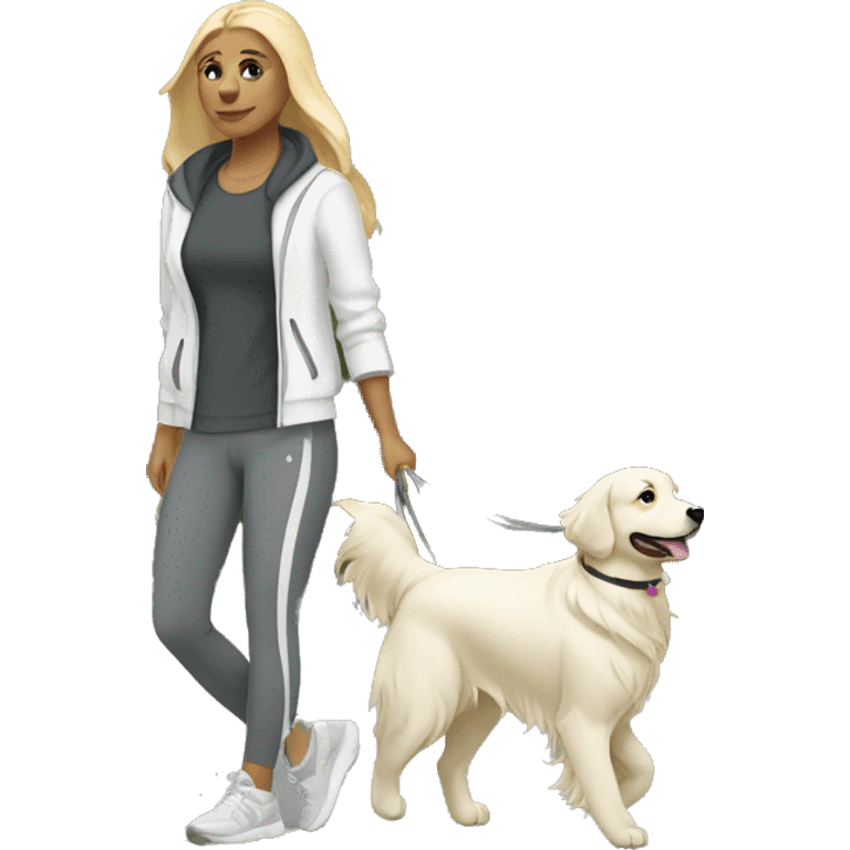 Woman wearing athleisure walking white golden retriever emoji