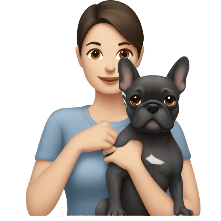 Brunette woman hugging dark gray french bulldog emoji