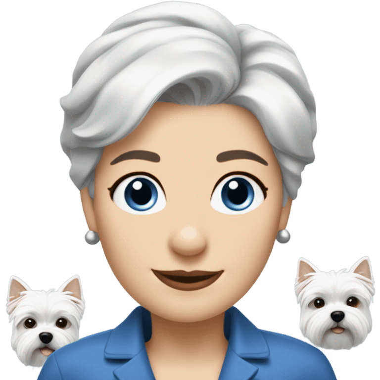  short gray hair lady blue eyes with three westie dogs emoji