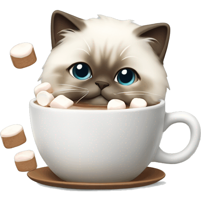 Birman cat drinking a hot chocolate with marshmallows  emoji