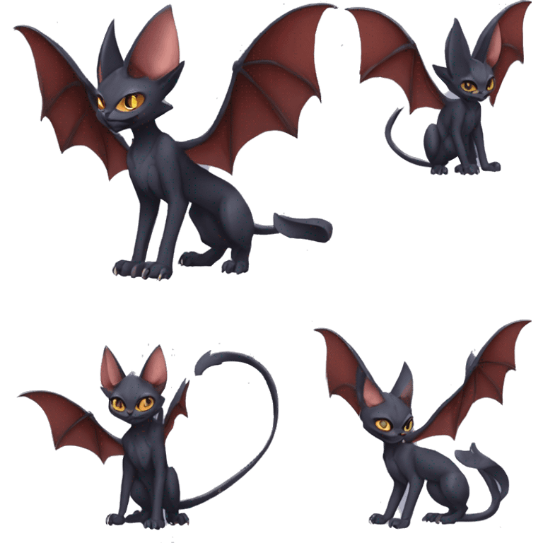 Black cool vampiric Noivern-Litten-Sphynx-Lykoi-Caracal-Fakemon with big bat ears full-body emoji