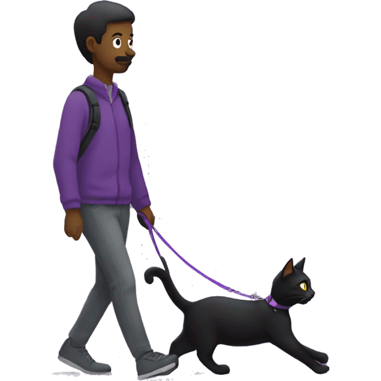 Black cat with a purple leash going for a walk with a human emoji