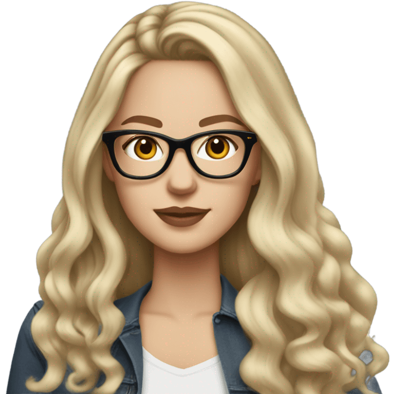 White girl with long voluminous blonde hair balayage wearing glasses and mac book
 emoji