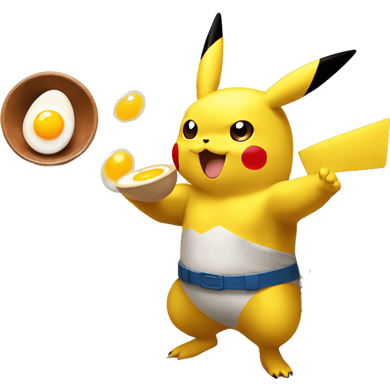 Pikachu serving sunny side up eggs to bodybuilder emoji