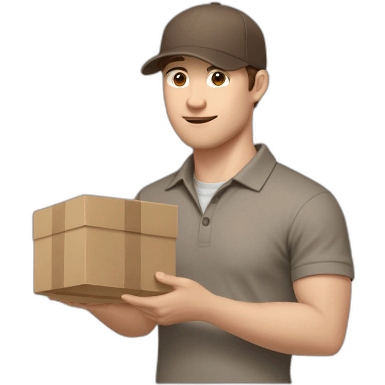 Pale skinned fit Man with dark brown hair in a beige cap, gray jeans and brown polo T-shirt keeping a pasted with tape white box into his hands emoji