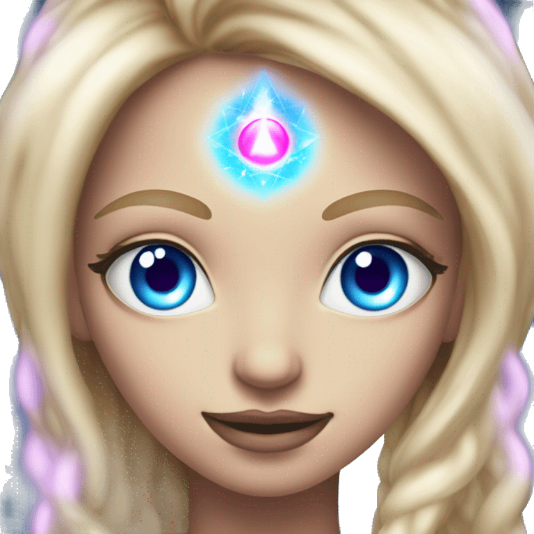 magical diva with thin pink andromedan face long blonde hair and blue eyes glowing third eye emoji