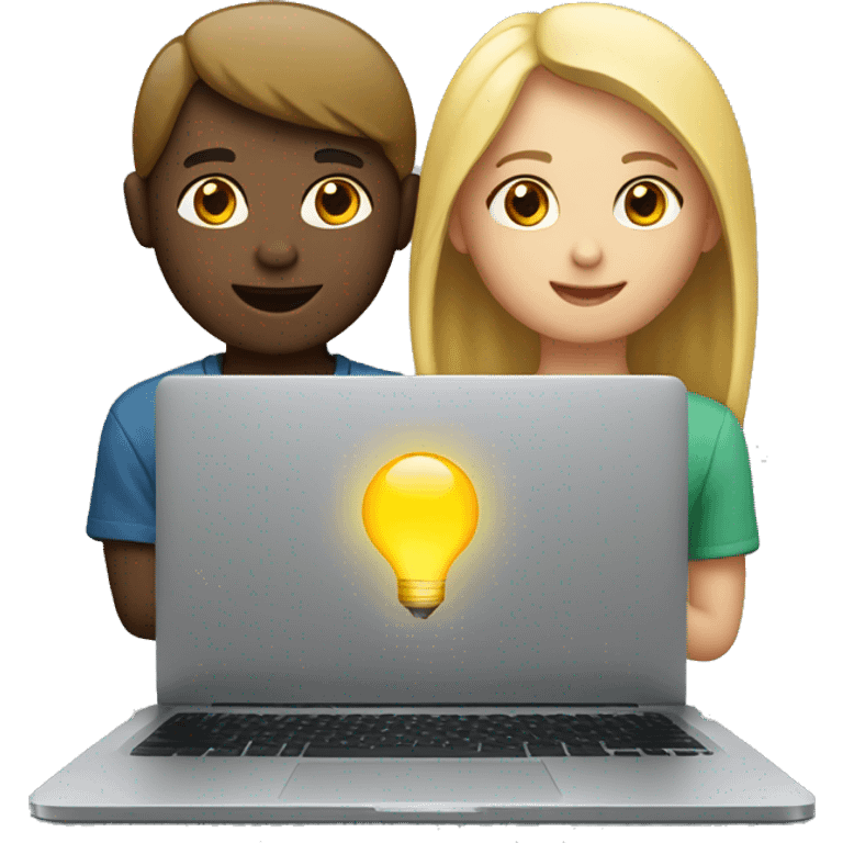 Girl and boy laptop with light above head emoji