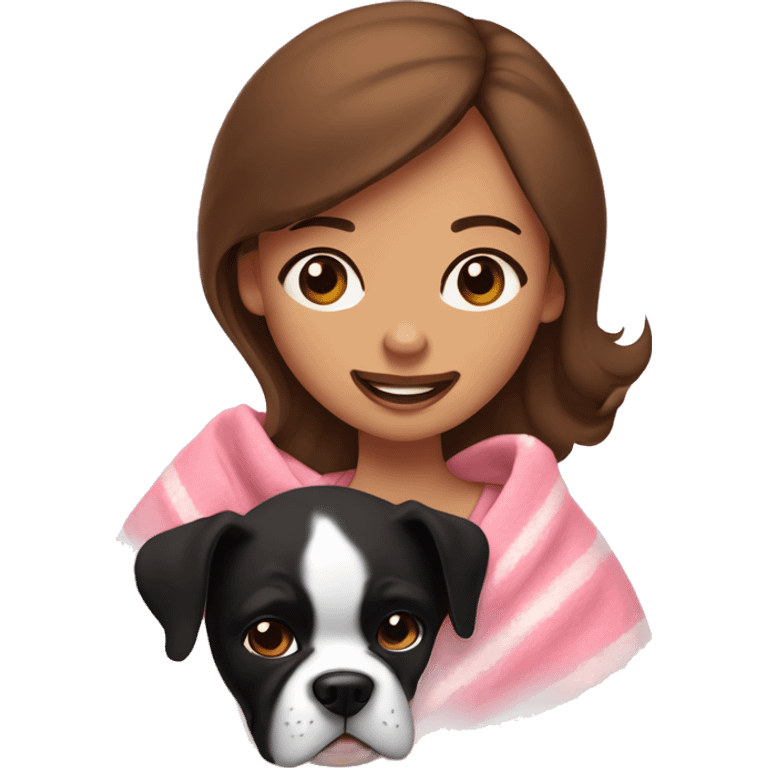 a woman with brown eyes and brown hair is cradling her puppy in a pink baby blanket. the puppy is looking at her lovingly and is a chubby black and white boxer dog. the woman is smiling with mouth ajar emoji