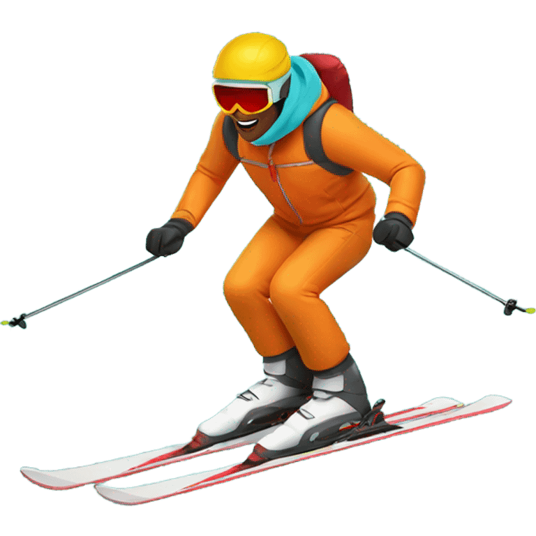 man skiing in dark yellow orange jacket with red helmet and turquoise pants emoji