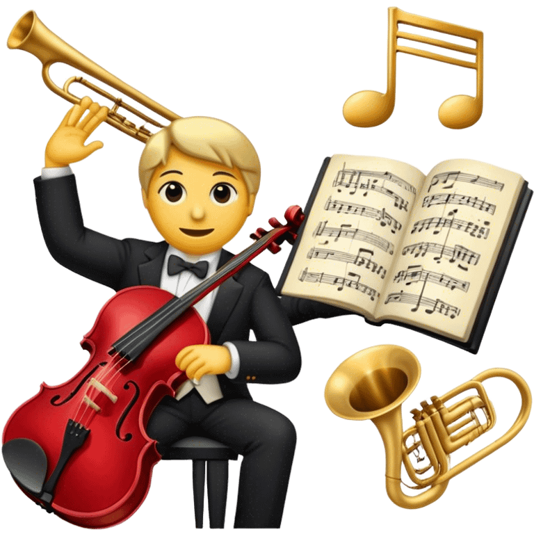 Create a sophisticated and elegant emoji that represents orchestration and arrangement. The design should feature a conductor’s baton, musical notes, and a symphonic score, symbolizing the process of arranging and orchestrating music. Incorporate instruments like a violin, trumpet, and piano keys subtly in the background, representing different sections of the orchestra. Use classical and refined colors such as gold, deep red, and black to evoke the grandeur and precision of orchestration. The background should be transparent. emoji