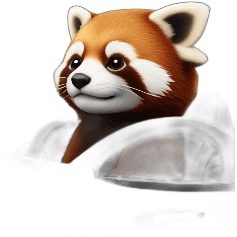 Red panda sitting in driver’s seat of a black Aston Martin emoji