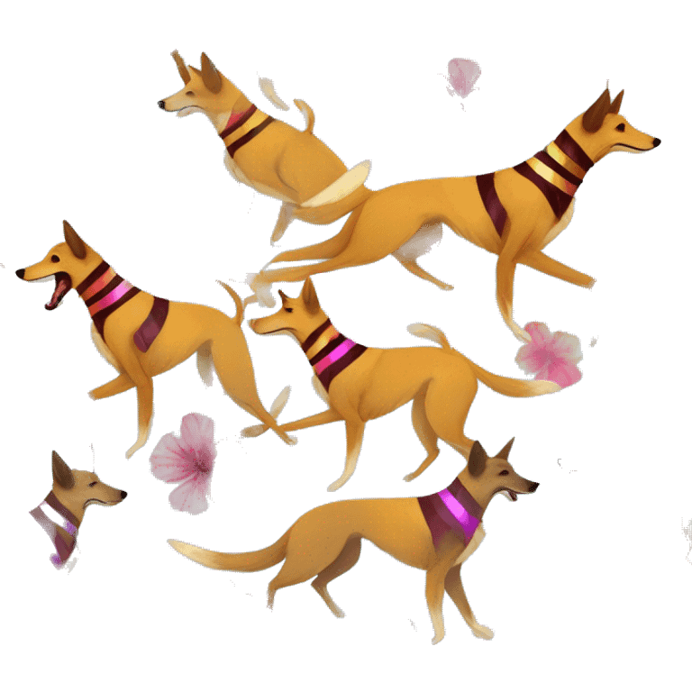  brindle brown black maroon striped lurcher Alsatian fox running blue eyes and iridescent holographic oilslick harness wearing paper iridescent tropical flower crown yellow caution tape emoji