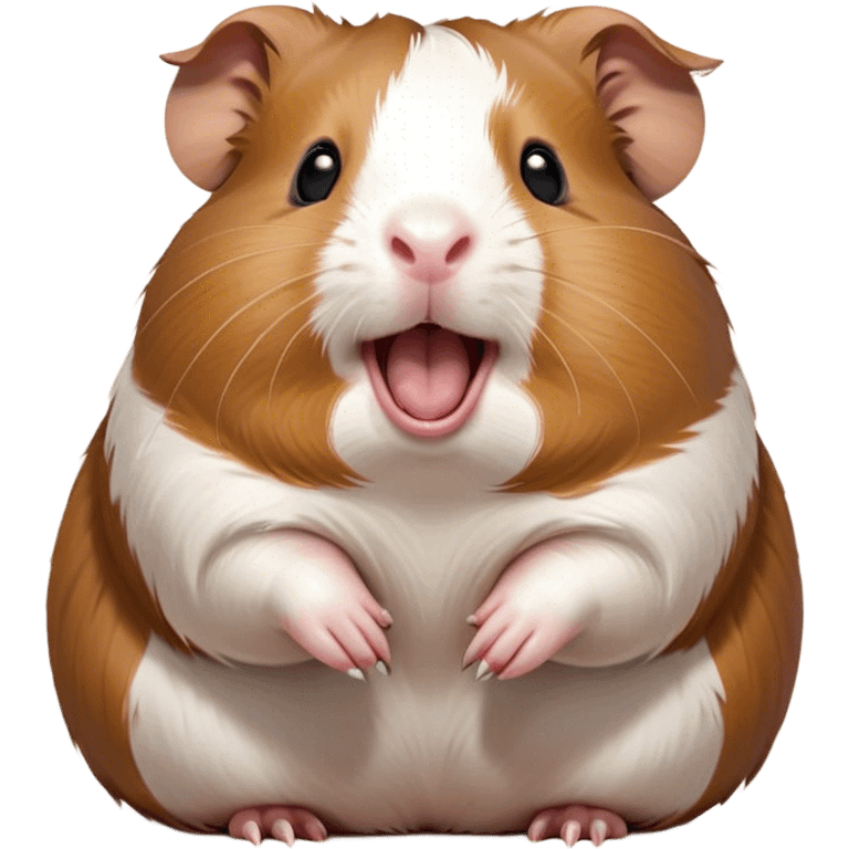 Cinematic Cute Yawning Brown and White Banded Guinea Pig Portrait Emoji, Head tilted slightly with a dramatic, wide-open yawn, revealing a soft, banded coat of brown and white with tiny, droopy ears, round dark eyes barely open in drowsy contentment, Simplified yet irresistibly adorable features, highly detailed, glowing with a soft, cozy glow, high shine, relaxed yet expressive, stylized with a touch of whimsy, bright and endearing, soft glowing outline, capturing the essence of a sleepy yet affectionate guinea pig, so drowsy it feels like it could stretch out of the screen and curl up for a nap! emoji