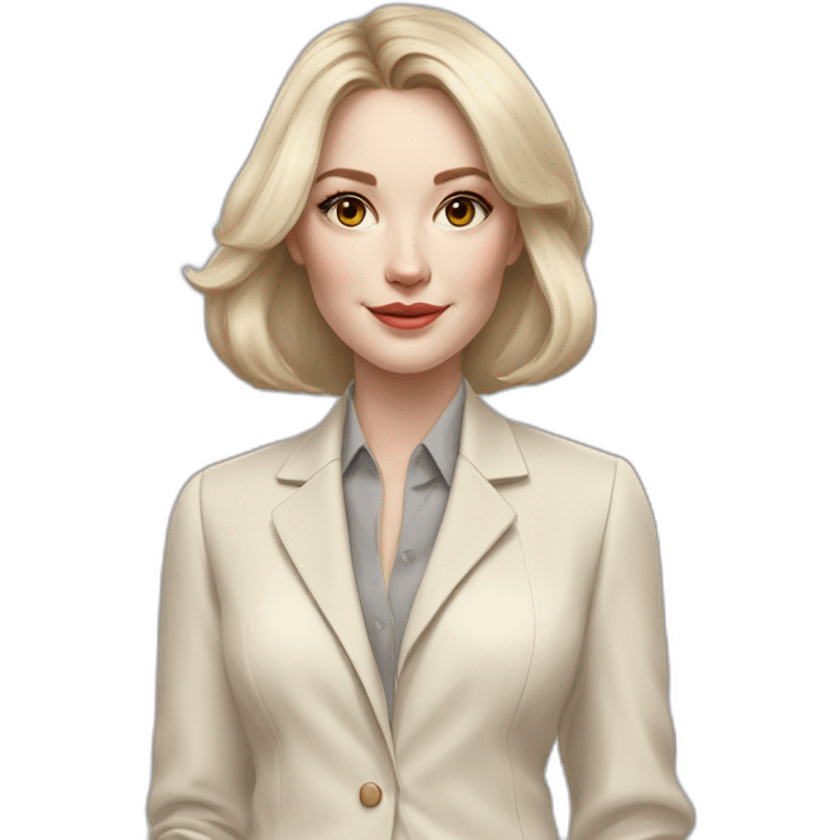 pale skin woman with ash blonde Straightened bob Hair, White Spacious classical jacket, beige palazzo Arrow pants and gray blouse holding RAL colour palette in the hands emoji