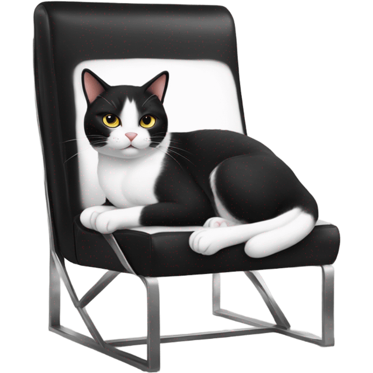 cute black and white cat laying on a modern black leather boxy chair with metal emoji