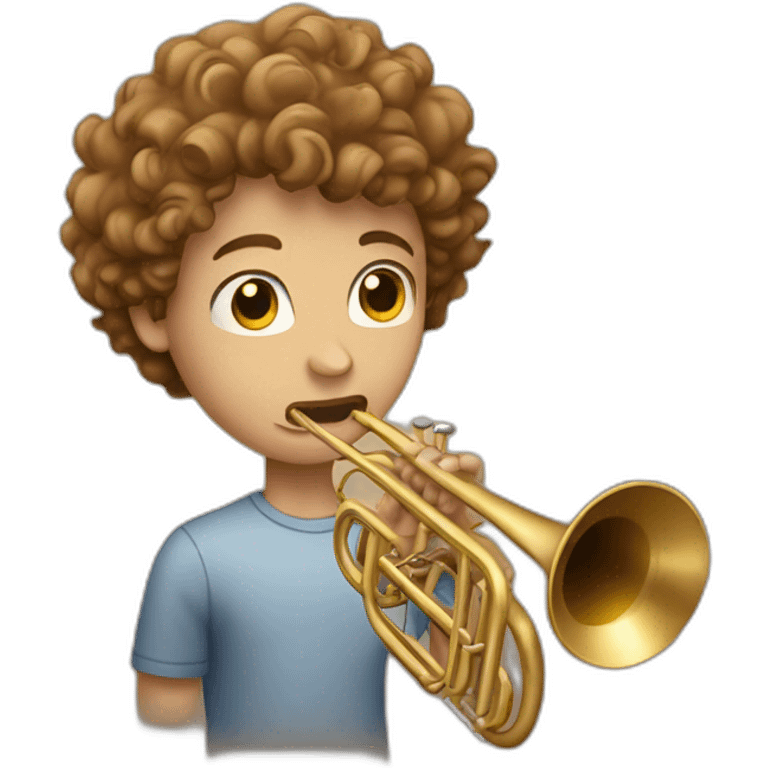 Young man with curly light brown hair playing trombone emoji