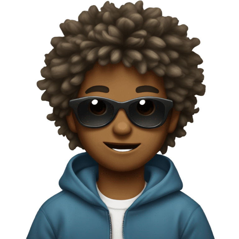 young boy with crazy hair, wearing cool sunglasses and a sweatshirt that says "Zach". emoji