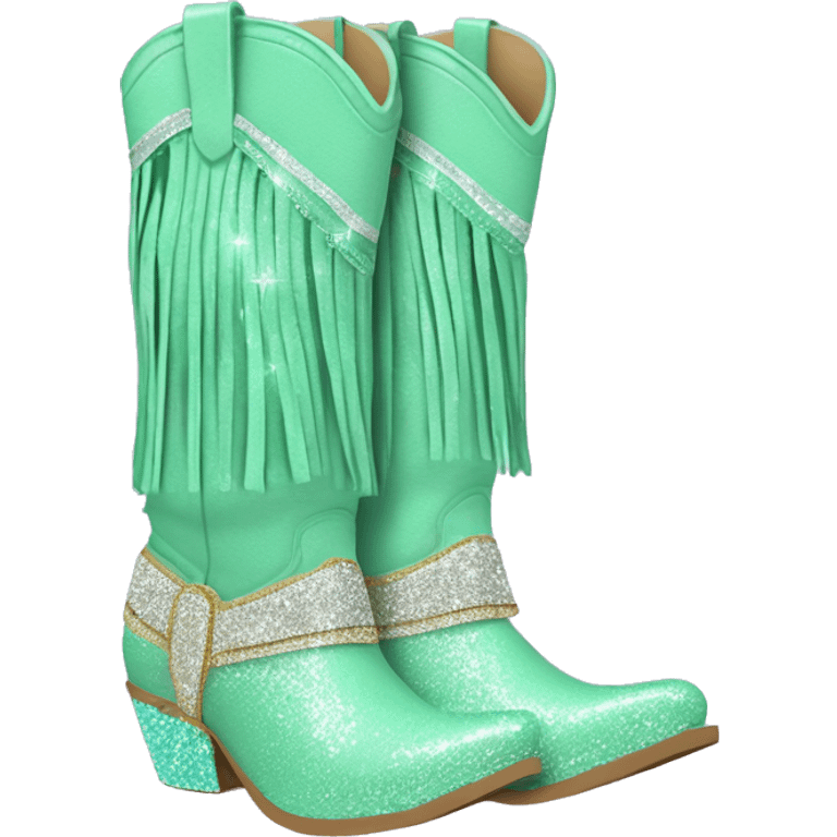 Realistic mint green fashion cowgirl boots with sparkly shiny glitter fringe on them. emoji