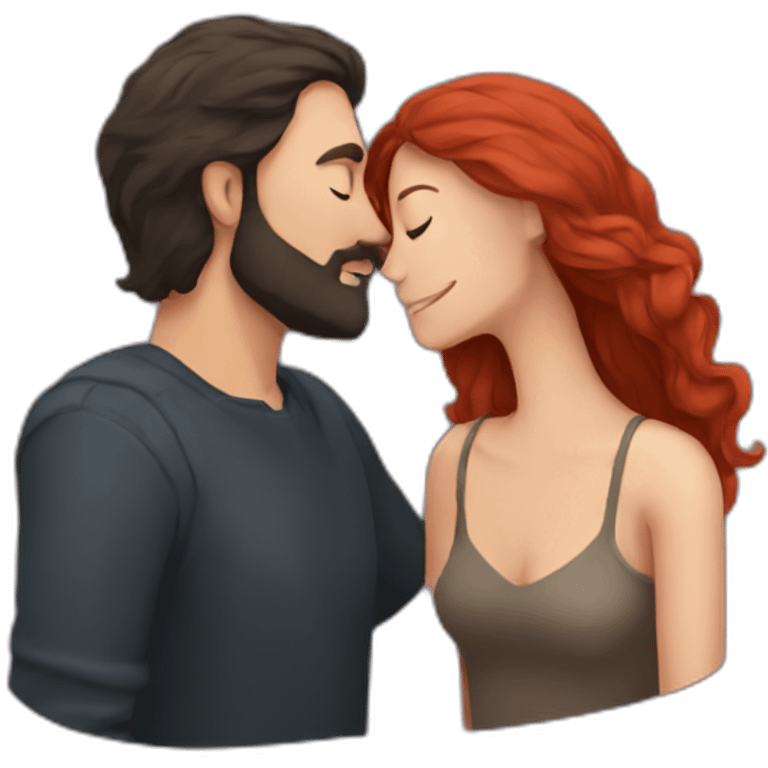 a bearded man with dark hair kissing a woman with long red hair emoji