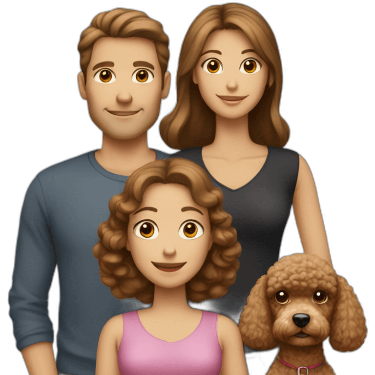 A family consisting of 1 man with light brown hair, 1 woman with dark brown hair and a toy poodle with brown hair, heads only and no kids emoji