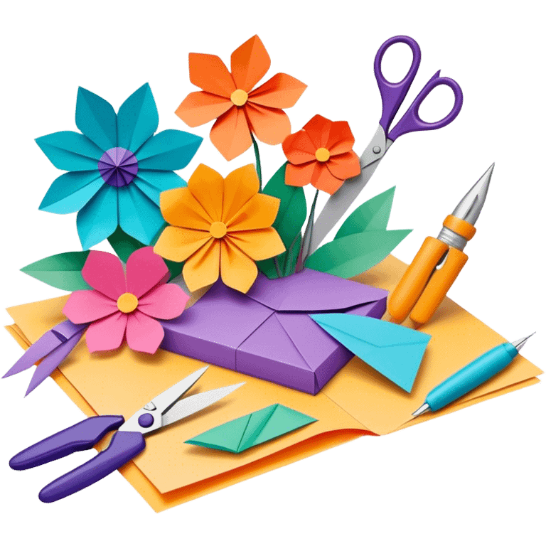 Paper crafting icon, various paper crafts like origami, 3D paper flowers, and scrapbooking materials, visible tools such as scissors, glue stick, and colour paper sheets, colorful paper patterns, minimalistic style, clean lines, transparent background. emoji