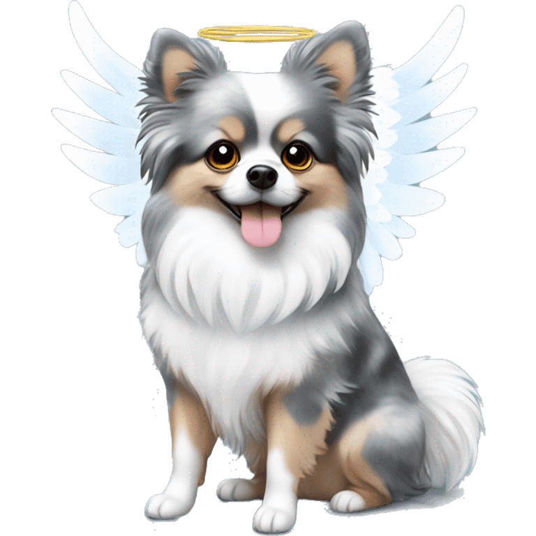 Blue Merle Pomeranian  with white angel wings and halo emoji