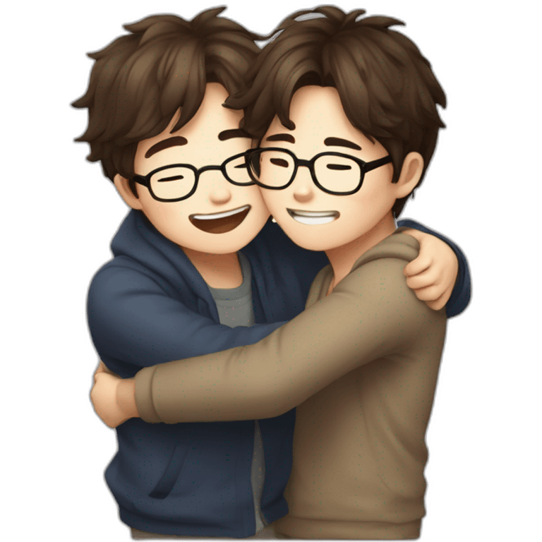 Hug between a korean boy and a messy brown hair with glasses emoji