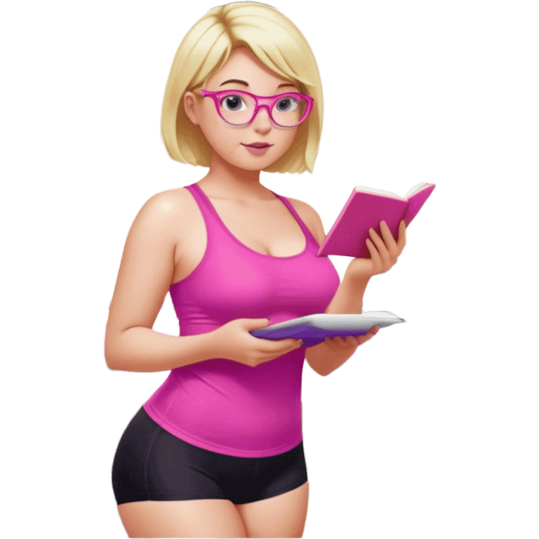 Seductive, Curvy fair and freckled skinned woman, short blond hair, small light purple reading glasses, washing dishes, short flowing sheer hot pink tank top, without undergarments SFW, black yoga pants, thick booty emoji