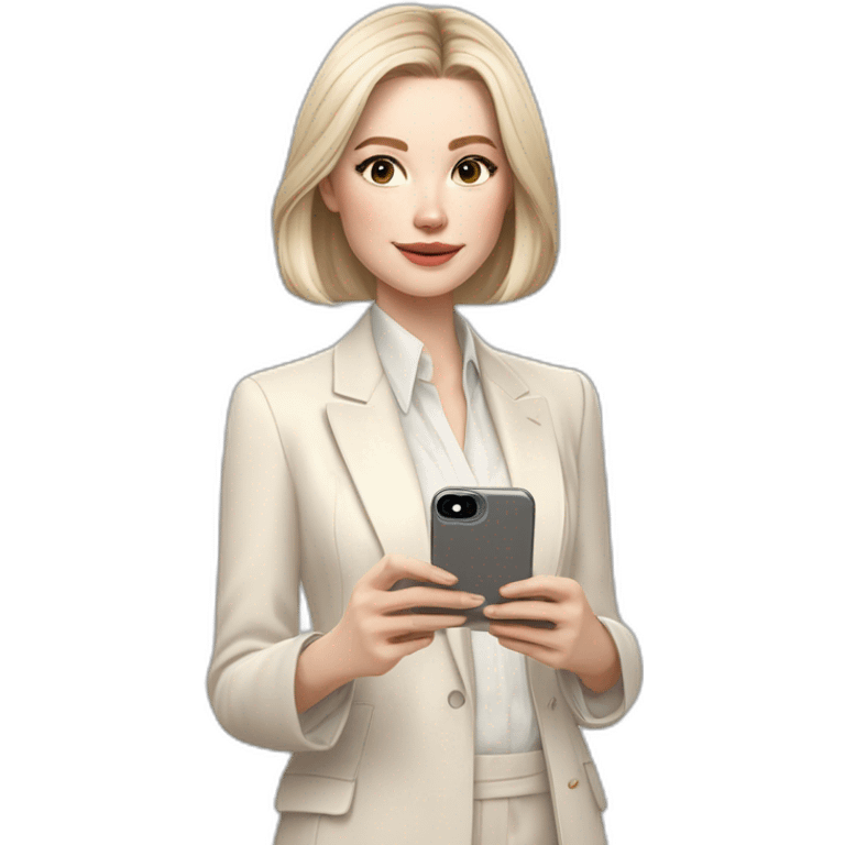 pale skin woman with ash blonde Straightened bob Hair, White Spacious classical jacket, beige palazzo Arrow pants and gray blouse holding white IPhone 15 pro in the hands emoji