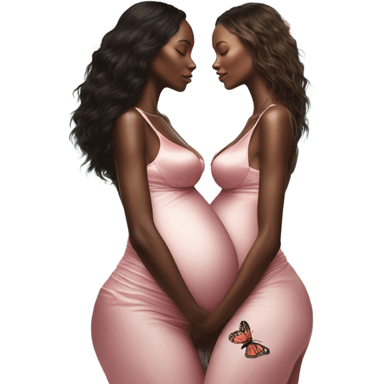 Realistic Photo of 2 Victoria secret models pregnant posing with flowers and butterflies  emoji