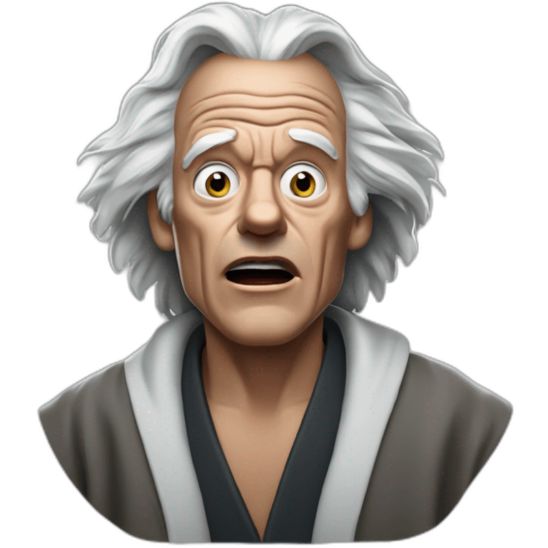 Doc brown from back to the future looking shocked and his mouth wide open. No eye-ware. Wearing a dark-silver bathrobe with black trim. emoji