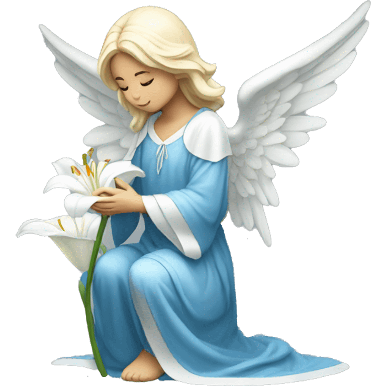 Angel in blue robe kneeling holding white lily emoji