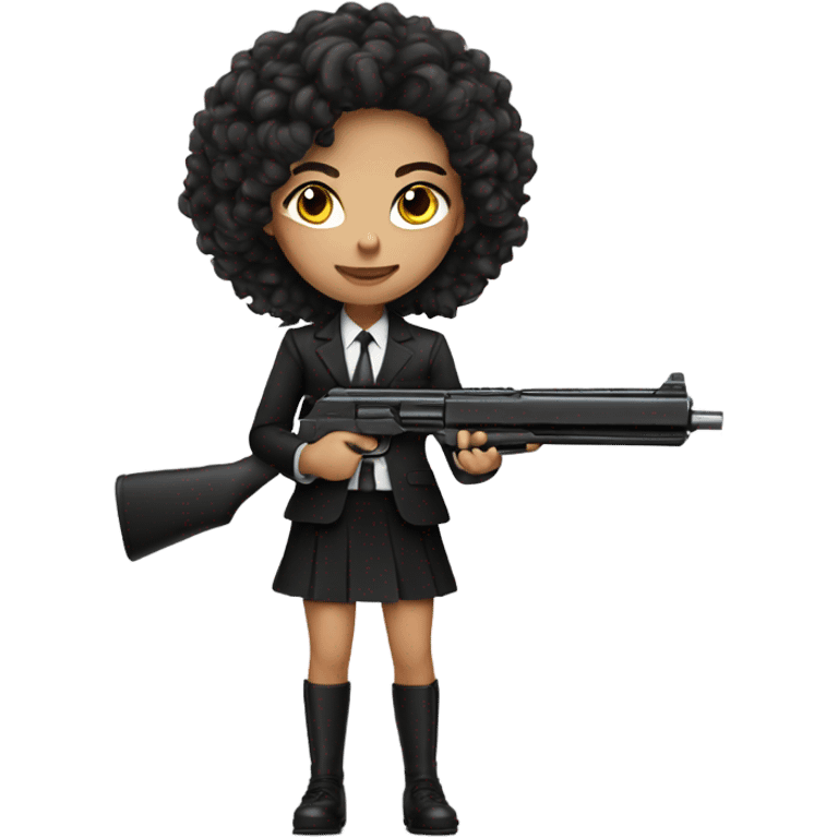 Brunette Girl with long curly hair in black suit with gun emoji