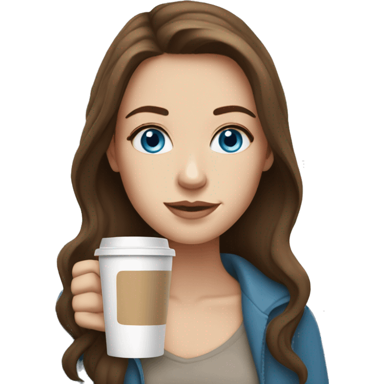 white girl with brown hair and blue eyes and a coffee emoji