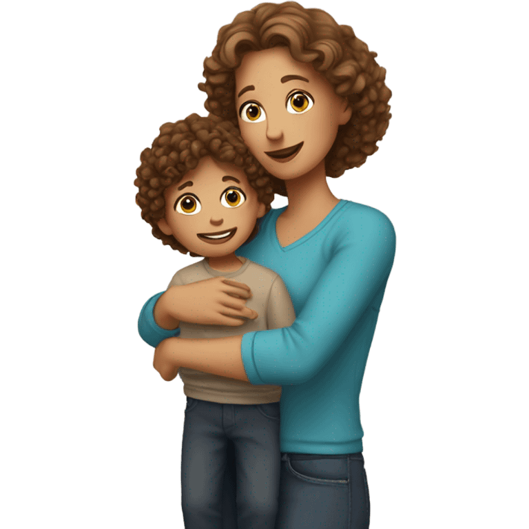 A young mother with brown hair holds her blond son with curly hair in her arms emoji