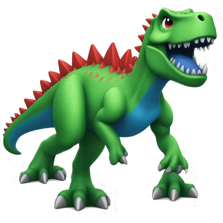 a green trex with blue spikes and red eyes, full body
 emoji