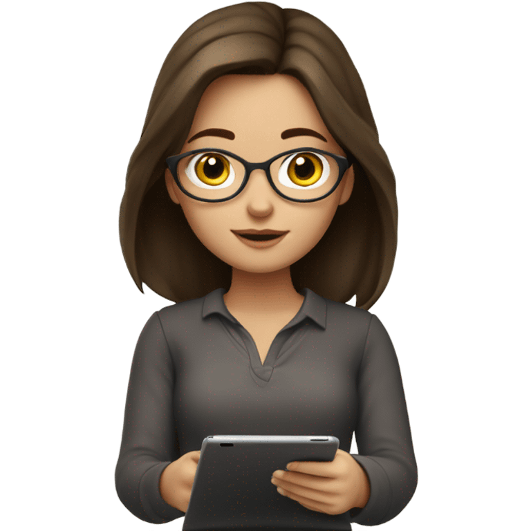 brunette girl studying writing on her iPad emoji