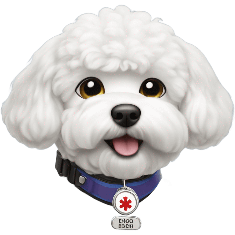 A service dog Bichon with a medical alert badge  emoji