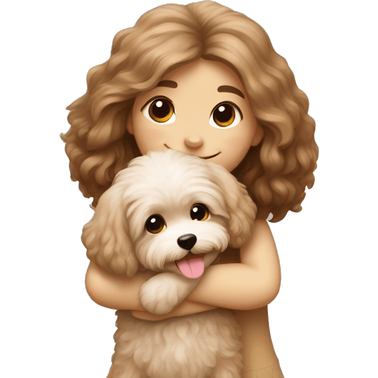 Maltipoo hugging smiling girl with brown long hair emoji