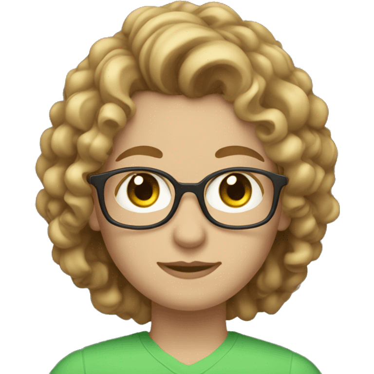 teacher with medium length curly light brown hair round face green eyes emoji