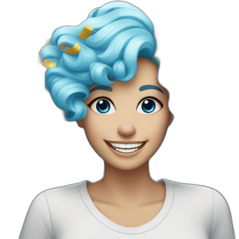 woman with blue wavy hair, blue eyes, white skin, big grin and confetti emoji