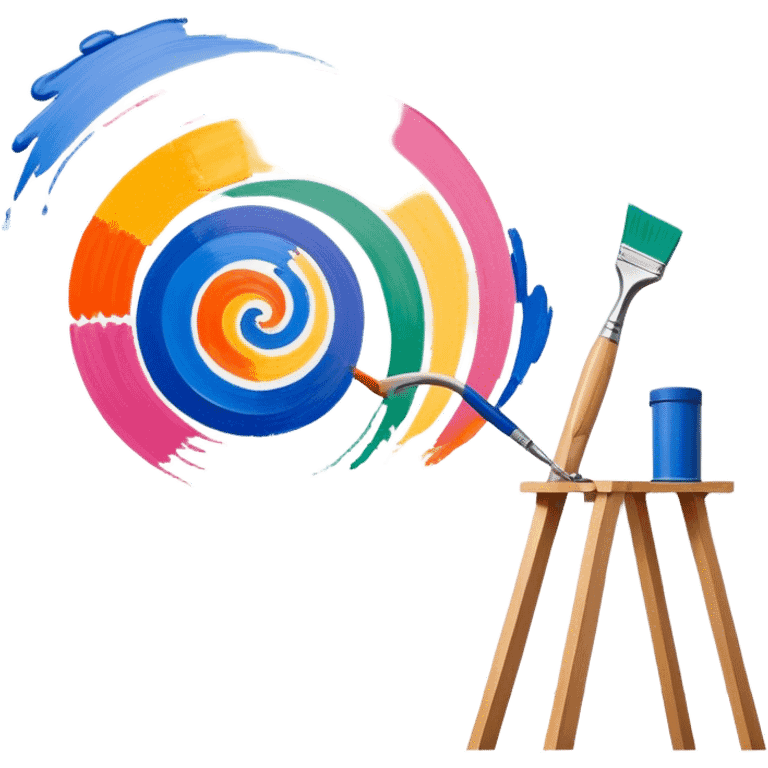 Create an icon that represents the hobby of wall painting, featuring a wall with a beautiful painting in progress. The design should include a paintbrush, a roller, and part of the wall decorated with colorful patterns or a mural. The icon should show the process of creating the artwork, with the brush strokes visible on the wall, symbolizing the artistic nature of the craft. The composition should be balanced and harmonious, evoking creativity and skill. The background should be transparent. emoji