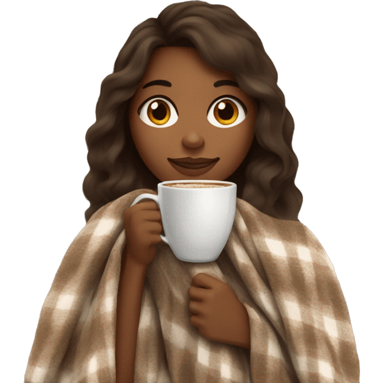 Brown skin Brown hair Girl drinking coffee, with a cozy blanket emoji