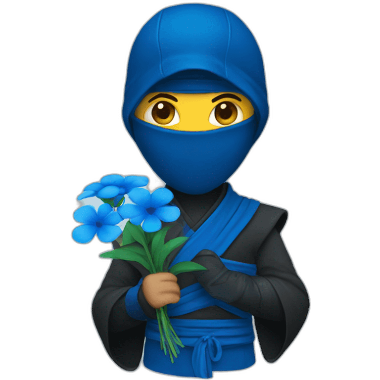 Ninja holding blue flowers & blue heart emoji