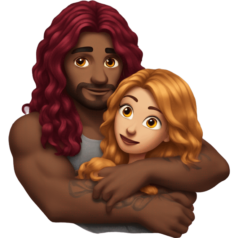 Beautiful tattooed burgundy long haired woman laying on the boyfriends chest emoji