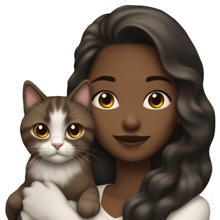 long wavy haired brown skin woman holding black and white cat emoji