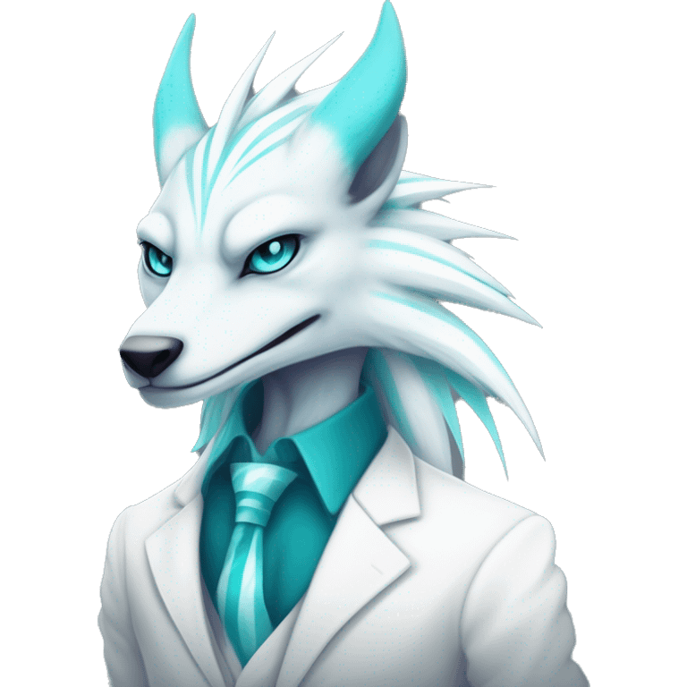 White elegant beautiful natural cute badass epic anthro modern albino sergal-vernid-Fakémon with cyan mane, with cyan edgy stripes, anthropomorphic, two-legged, digitigrade, full body emoji