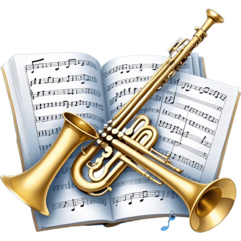 Create an artistic emoji that represents music arrangement and orchestration. The design should feature various orchestral instruments (drums, violin, trumpet, electric guitar, synthesizer) and conductor's baton, musical scores. Incorporate flowing lines to represent harmony and orchestral balance, along with a subtle representation of sheet music. Use rich, classical colors like gold, silver, or deep blue, and create an atmosphere of sophistication and precision. The background should be transparent. emoji